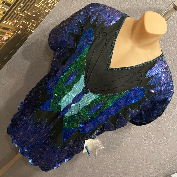 PHOOL - NWT - top: vintage black s/s sequins / butterfly, shldr pads, lining - L - Picture 16 of 16